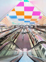 Farbige Symmetrie im Bahnhof Liège-Guillemins von der Fussgängerüberführung aus gesehen.