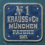 Fabrikschild an der ersten Lokomotive der Firma Krauss, welche den Namen  Landwührden  trägt.