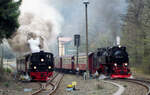 HSB Schmalspurlokomotiven 99 7245-6 und 99 5906-5 bei einer Doppelausfahrt der HSB in Eichsfelder Talmühle.