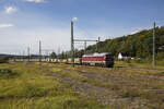 Die Salzland Rail 232 088 brachte am 20.09.2023 einige Betonschwellen zur Baustellenversorgung nach Mukran.