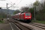 Kleines  Comeback  der DB auf der Kraichgaubahn: Mit gerade mal maximal 100 km/h schiebt die 146 206-8 den umgeleiteten RE 20674 (Stuttgart-Karlsruhe ber Bretten) am 15.04.2012 durch den Bahnhof
