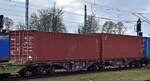Drehgestell Gelenk-Containertragwagen vom niederländischen Einsteller Railrelease BV mit der Nr.