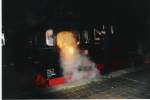 Die Lok Merapi bei einer Mondscheinfahrt durch die Wuhlheide im Bahnhofeigestell, man sieht hier die Feuerbchse