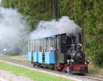 21.06.2015, Der Verein  Ferienland-Eisenbahn  in Crispendorf in Thüringen hatte sich zu seinem Fest-Wochenende den Zug der Syrauer Parkeisenbahn mit der Dampflok  Leo II  eingeladen.