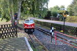 Die kleine V180 der Parkeisenbahn Vatterode am 30.09.2023 beim umsetzen im Bahnhof Wippergrund.