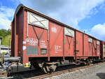 Dieser gedeckte Güterwagen (Gsu, Gs 216, 01 80 124 6 313-1) stammt aus dem Jahr 1967 und war Mitte April 2024 im Eisenbahnmuseum Bochum zu sehen.