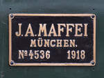 Das Herstellerschild der Bayerischen S 3/6 3673 (18 478), so gesehen Mitte April 2024 im Eisenbahnmuseum Bochum-Dahlhausen.
