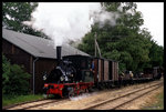 Lok Franzburg rangiert am 25.06.1996 mit einem historischen Güterzug im Bahnhof Heiligenberg.