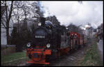 100 Jahre HSB am 27.3.1999: Dampflok 996102 ist hier mit einem Sonderzug in Wernigerode Wüstenteichen auf dem Weg nach Drei Annen Hohne.
