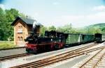 Prenitztalbahn: Personenzug bei der Ausfahrt aus Bahnhof Steinbach
