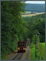 Wagen 2 der Drahtseilbahn Augustusburg nähert sich am 29.07.2017 der Bergstation.