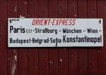 Das Zuglaufschild vom  Orient-Express , am 14.08.2020 im Eisenbahnmuseum Bochum-Dahlhausen.