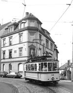 SSB Stuttgart__Sonderfahrt des Straßenbahnmuseums Stuttgart (SMS) mit Tw 418 [ME/AEG 1925; 1960-68 Rangier-Tw 2529; 1977 vom SMS als Museumswagen hergerichtet] als historische Linie 18 zwischen