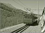 Ein Bild in der Gegenrichtung: Bei der Talfahrt kreuzte unser Zug auf der Ausweichstation zwei bergwärts fahrenden Züge, wovon einer hier zu sehen ist, links oben im Bild ist der Gipfel des