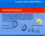 LONDON, 19.06.2003, Hin- und Rückfahrkarte für den Stansted-Express, der den Flughafen Stansted mit dem Londoner Bahnhof Liverpool Street verbindet -- Fahrkarte eingescannt