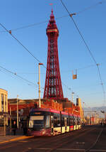 Flexity-Tram in der Abendsonne vor dem Blackpool-Tower.