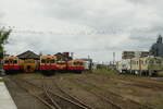 Goi Depot der Kominato Railway am 11.06.2022, Von links nach rechts: Dieseltriebzug serie KIHA 200, Motor Car TMC 200 (Lok für die Gleisinstandhaltung), Dieseltriebzug KIHA 200, KIHA 40, KIHA