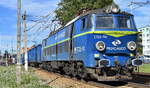 PKP Cargo mit ihrer  ET22-741  (NVR:  91 51 3 150 447-3 PL-PKPC ) und einem Ganzzug Hochbordwagen am 05.09.23 Durchfahrt Bahnhof Kostrzyn nad Odrą.