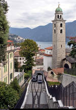 Wagen 1 und Wagen 2 der Trasporti Pubblici Luganesi SA (TPL), unterwegs als Standseilbahn Lugano–Bahnhof SBB (Funicolare Lugano Città–Stazione FFS) zwischen Lugano Stazione (CH) und