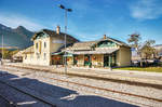 Blick auf das Bahnhofsgebäude von Bohinjska Bistrica, am 14.10.2017.