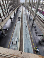 Von eine Brücke ist ein Blick in die Halle des Bahnhofes Madrid-Atocha möglich.