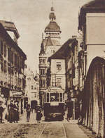In einem Durchgang am Marktplatz fand der Fotorgaf diesen Hinweis auf die frühere Budweiser Straßenbahn.Bis 1950 gab es Straßenbahnbetrieb in Budweis.