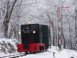 Die schwarzer Panther auf der Kindereisenbahn in Budapest im wunderschöne Winterlandschaft.